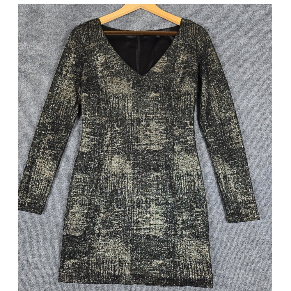 JAY GODFREY Black Gold Metallic Plaid V Neck Long Sleeve Mini Dress Size 6